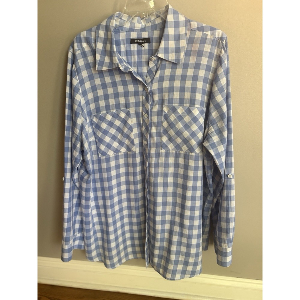Relativety 100% Soft Cotton Womens 2X Blue & White Check Long Sleeve Comfort - Picture 4 of 11